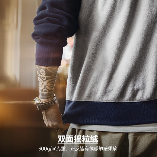 马登工装美式摇粒绒半开襟卫衣学院风polo领撞色套头保暖外套男春 商品图3