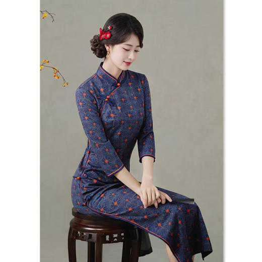 GX港风中式长款木兰棉七分袖旗袍2025秋新款修身宴会旗袍 商品图1