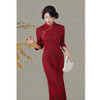 GX红色珠光棉长款中袖旗袍2025秋新款复古中国风婚宴旗袍 商品缩略图0