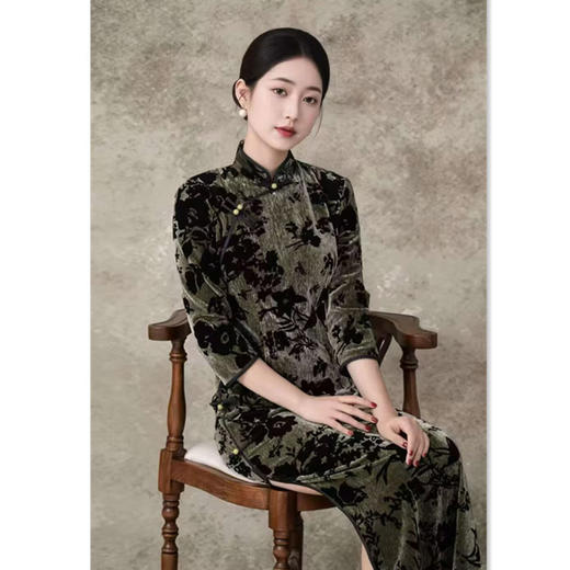 GX老上海复古中国风长款植绒七分袖旗袍2025冬季新款旗袍 商品图3