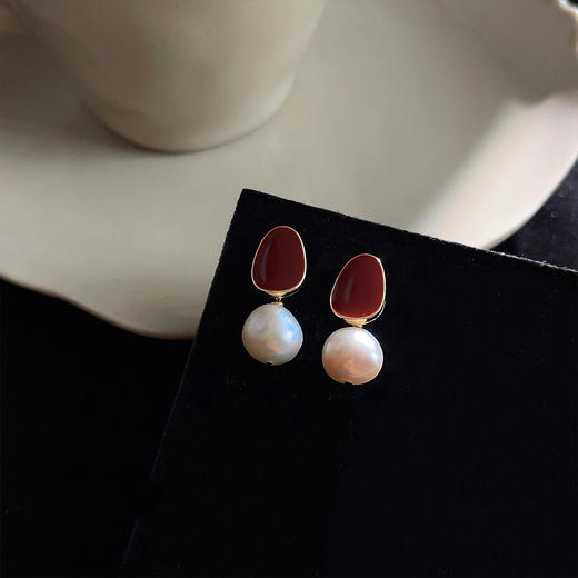 雀说 巴洛克淡水珍珠耳环女法式复古红色滴油耳环2361 商品图3