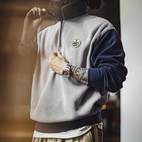 马登工装美式摇粒绒半开襟卫衣学院风polo领撞色套头保暖外套男春