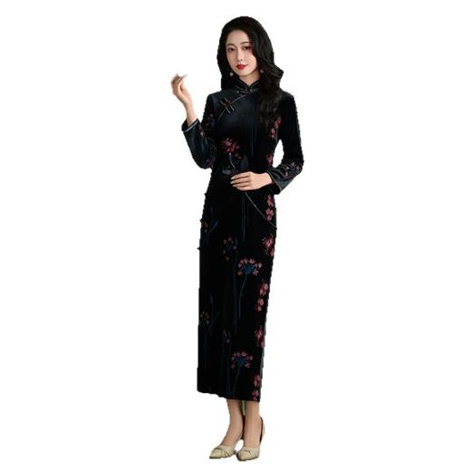 GX复古中国风丝绒长款加绒旗袍2025冬新款长袖旗袍 商品图4