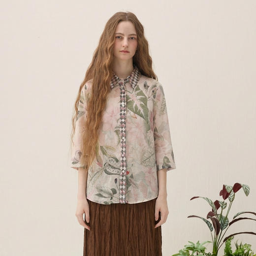 谜底原创印花衬衫分袖2026年春季新品复古纯棉花衬衣女265MC5016 商品图0