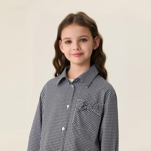 马克珍妮文艺格子女童纯棉蝴蝶结衬衫2026年春装新款560170 商品图2