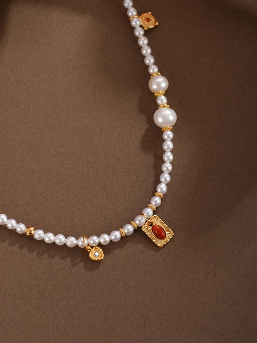 子佩集【热恋之爱】银S925珍珠项链【QNX0001】3mm小珠6.8mm大珠南红镀金方牌爱心2512 商品图1