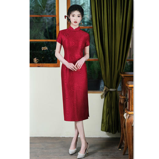 GX红蕾丝提花长款短袖婚宴旗袍2025春夏新款复古国风回娘家中式旗袍 商品图3