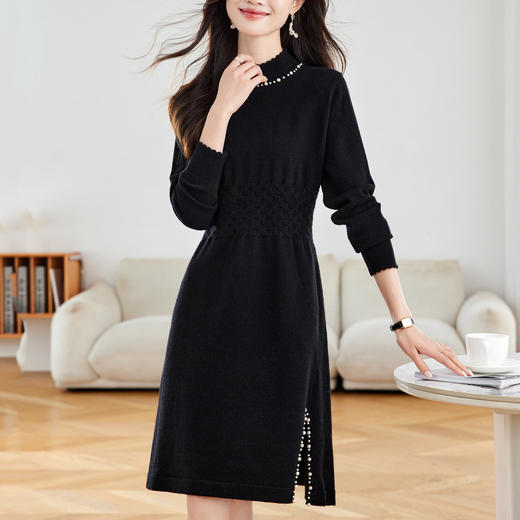 丁摩 收腰连衣裙气度气质高级感开叉毛衣裙9611 商品图3