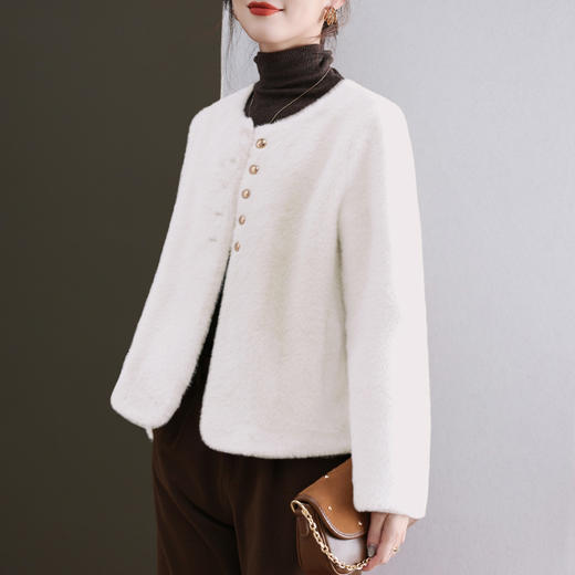 丁摩 仿水貂毛绒皮草大衣短款圆领毛绒绒外套9050 商品图1