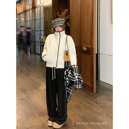 <曾小咸推荐>韩系翻领浅杏色菱格棉服女冬季棉袄毛绒绒保暖棉衣外套上衣 商品图3