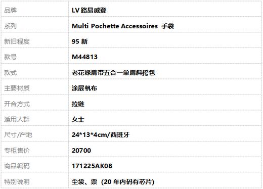 【95新】LV路易威登Multi Pochette Accessoires 手袋M44813老花绿肩带五合一单肩斜挎包女士 171225AK08 商品图10
