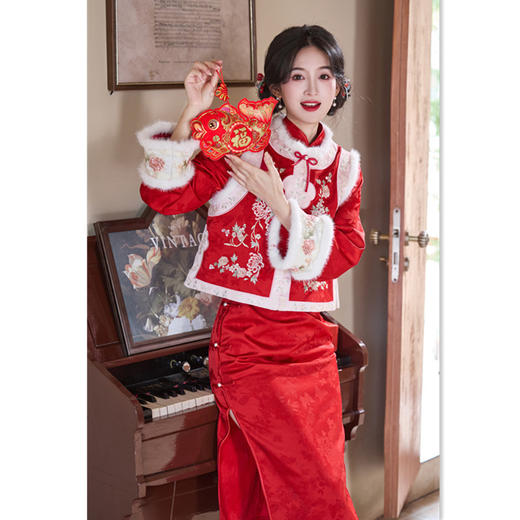 GX冬季婚宴旗袍2025新款新中式新年过年战袍红色马甲拜年服秋冬日常 商品图0