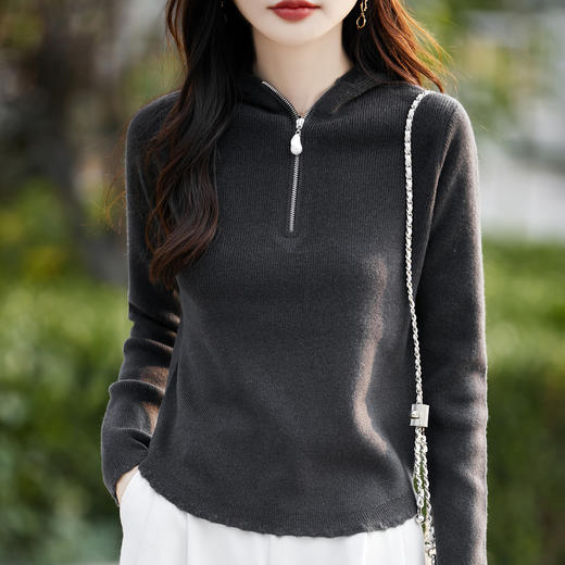 丁摩 100%纯羊毛连帽针织衫半拉链上衣  PY-5102 商品图1