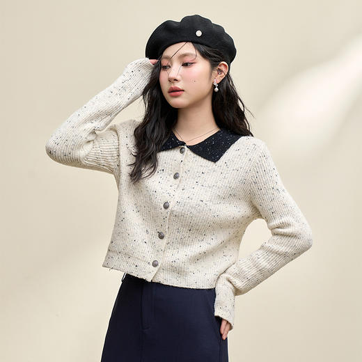 西遇针织开衫秋季新款法式斑点撞色小香风修身翻领毛衣外套P0043444 商品图2