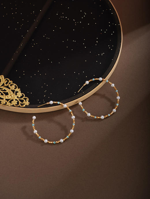 子佩集【绿野之光】银S925珍珠耳环【QNE001】3.5mm珠4cm圈绿松石镀金大圆圈2512 商品图5