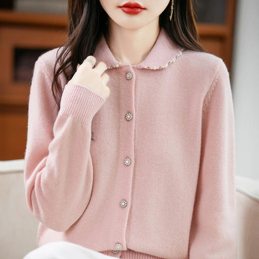 丁摩 纯羊毛POLO领针织开衫女小个子短外套翻领毛衣  PY-5112 商品图3