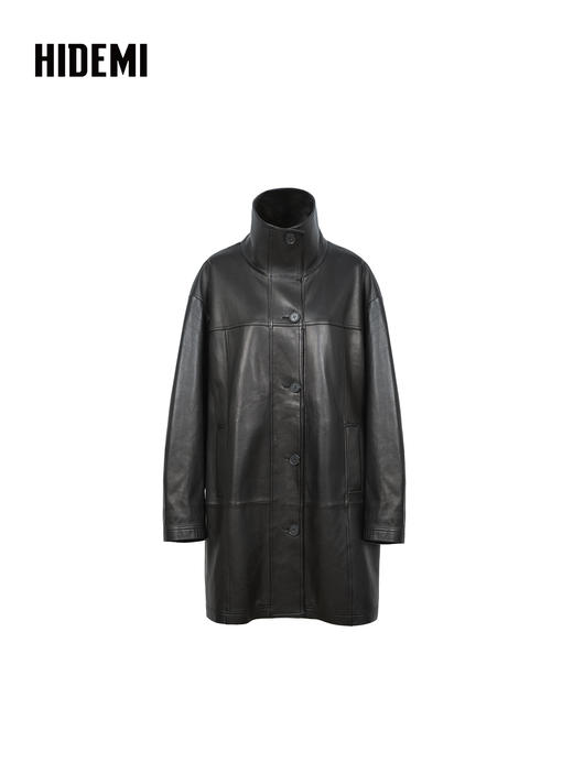 HIDEMI 进口西班牙羊麂皮/胎羊皮廓形中长款立领口袋皮衣大衣外套 商品图9