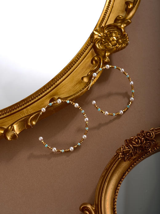 子佩集【绿野之光】银S925珍珠耳环【QNE001】3.5mm珠4cm圈绿松石镀金大圆圈2512 商品图0