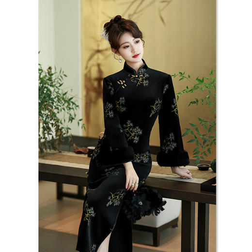 GX老上海复古中国风韩国绒加绒长袖旗袍2025冬季新款旗袍 商品图3