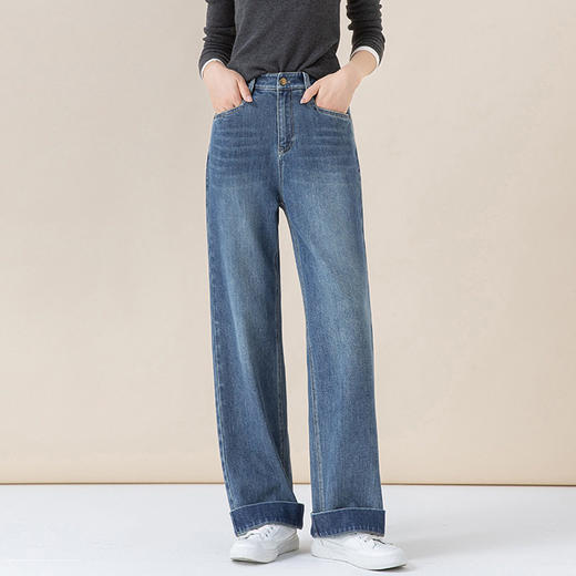 「高货xg」全新升级【铂金会员165/天猫219/差价54】(22258)洛诗琳气质丹宁蓝宽松垂感窄版阔腿裤2025秋冬小个子直筒牛仔裤 商品图1