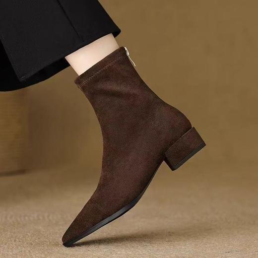 法式后拉链裸靴平底尖头短靴子时尚显瘦弹力瘦瘦靴秋冬新款35-40 商品图0