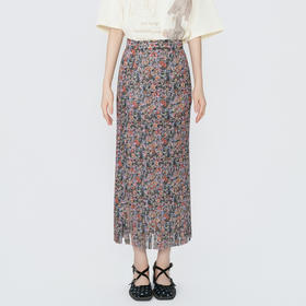 谜底花色半身裙2026春季新品复古松紧腰飘逸百褶长裙女265MB5014