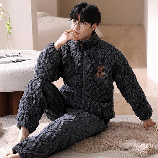 芬腾情侣睡衣冬季珊瑚绒夹棉袄三层加厚套装保暖抗静电男女家居服 商品图3