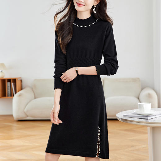 丁摩 收腰连衣裙气度气质高级感开叉毛衣裙9611 商品图1