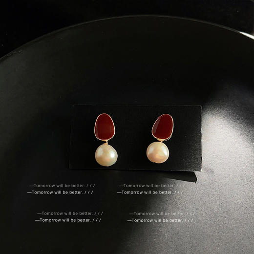雀说 巴洛克淡水珍珠耳环女法式复古红色滴油耳环2361 商品图2