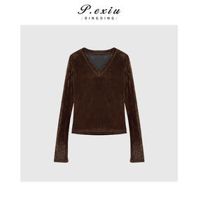 PanYiXiu/潘依绣时髦洋气光泽感丝绒气质百搭V领长袖T恤 Q30216