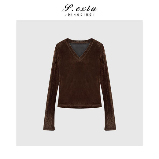 PanYiXiu/潘依绣时髦洋气光泽感丝绒气质百搭V领长袖T恤 Q30216 商品图0