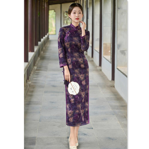 GX复古中国风貂绒复合超柔长款旗袍2025冬季新款长袖旗袍 商品图2