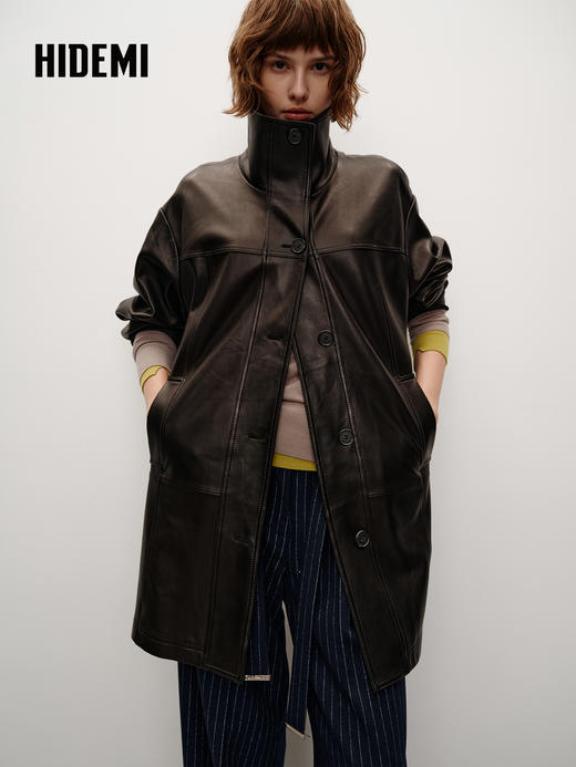 HIDEMI 进口西班牙羊麂皮/胎羊皮廓形中长款立领口袋皮衣大衣外套 商品图4