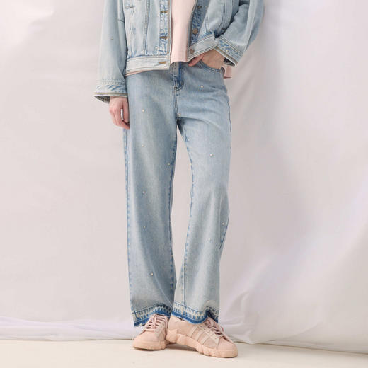 谜底直筒牛仔裤长裤2026春季新品洗水蓝绣花裤脚毛边女261MJ0053 商品图0