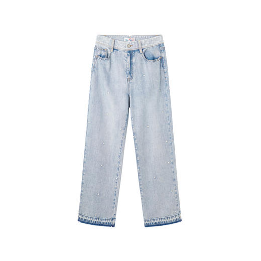 谜底直筒牛仔裤长裤2026春季新品洗水蓝绣花裤脚毛边女261MJ0053 商品图4