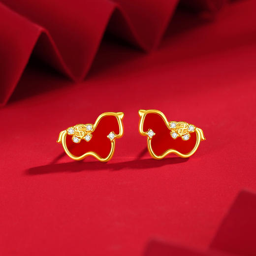 Winy S925 银红运金驹镀金耳饰 红玉髓 + 合成立方氧化锆 新年好运款 附证书 商品图0