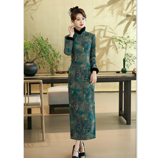 GX芊竹棉祥云提花长款加绒旗袍2025冬季新款复古国风大码旗袍 商品图2
