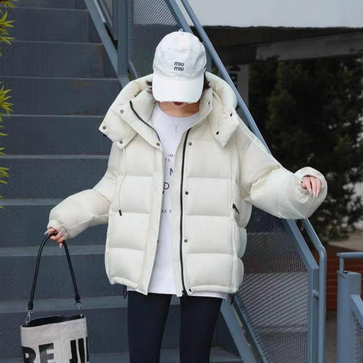 丁摩 泡芙羽绒服女短款连帽白鸭绒加厚保暖小个子宽松外套SLK930 商品图2