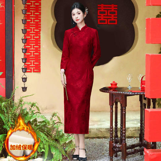 GX红蕾丝长款加绒婚宴旗袍2025冬季新款复古国风回娘家大码长袖旗袍 商品图0