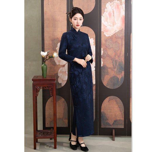 GX针织提花加绒长款旗袍2025冬季新款复古国风大码旗袍裙 商品图0