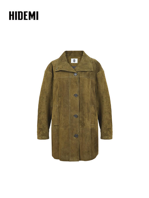 HIDEMI 进口西班牙羊麂皮/胎羊皮廓形中长款立领口袋皮衣大衣外套 商品图7