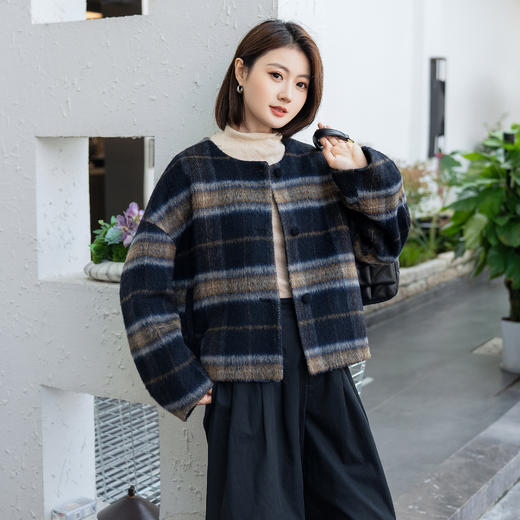 SZ6A19_绀蝶色_上衣外套_秋冬_圆领单排扣宽松落肩袖格纹_高级女装_BERNIEELEN 伯妮斯茵 商品图0