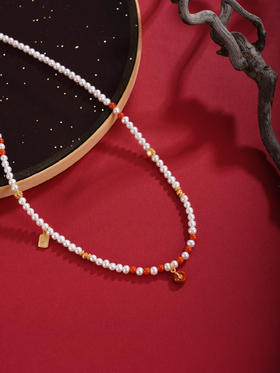 子佩集【洪福平安】银S925珍珠项链【QNX0014】3mm珠南红镀金平安扣上上签2512