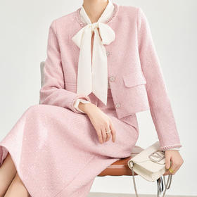 「高货wl」全新升级【铂金会员349/天猫469/差价120】(99841)洛诗琳2025秋冬亮丝编织粗花呢小香风外套亮片半裙两件套