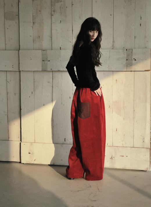 [特价]立裁廓形休闲裤 91%厚丝棉粗纹灯芯绒裤 柿子红 商品图0