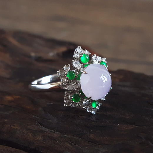 【天然正品】A货翡翠AU750收藏级白金镶钻镶天然细腻浅紫冰种蛋面翡翠吊坠戒指两用款 19.9*16.7*12.1MM（皆取最大值）19号（戒圈可改）201225XY01 商品图6