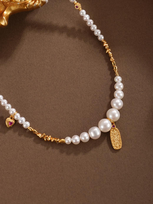 子佩集【慈心慧杵】银S925珍珠项链【QNX0002】3mm小珠6.5mm大珠桃色爱心金刚杵椭圆牌镀金2512 商品图1