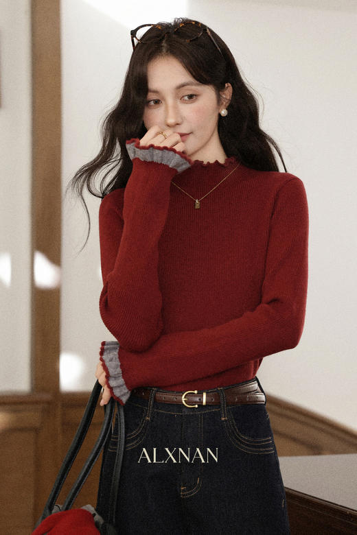 鹿向南「微醺酒红」长袖复古红色针织衫女秋冬新款显瘦打底衫上衣 商品图5