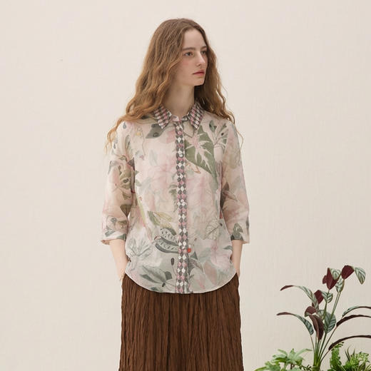 谜底原创印花衬衫分袖2026年春季新品复古纯棉花衬衣女265MC5016 商品图1