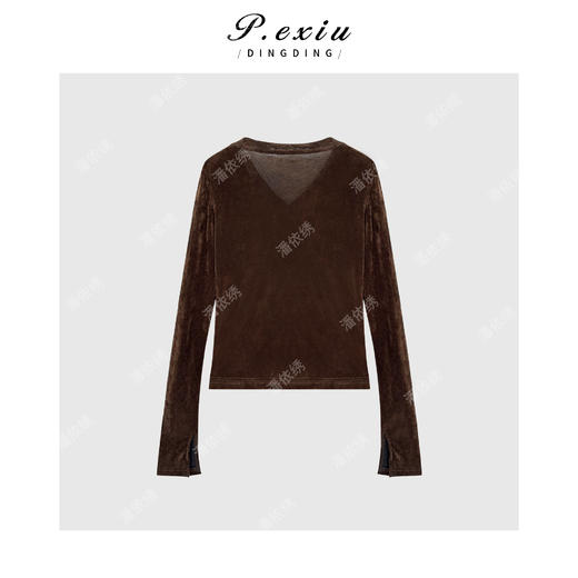 PanYiXiu/潘依绣时髦洋气光泽感丝绒气质百搭V领长袖T恤 Q30216 商品图1